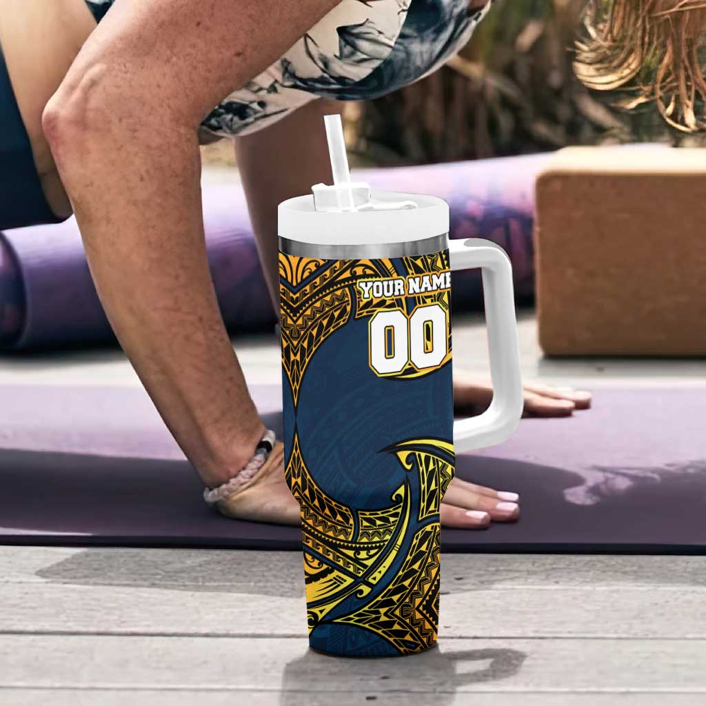 Personalized Gold Coast Titans Tumbler With Handle Polynesian Tribal Pattern Style