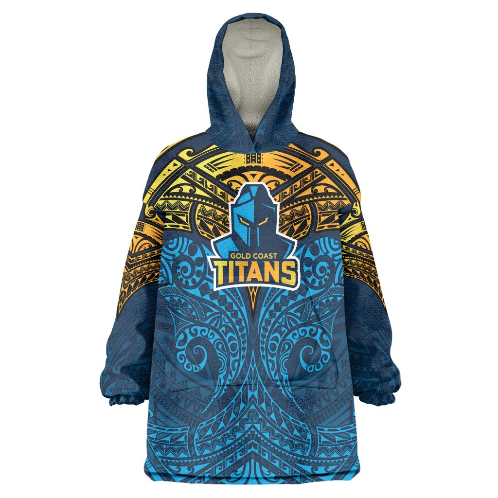Personalized Gold Coast Titans Wearable Blanket Hoodie Polynesian Tribal Pattern Style