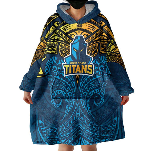 Personalized Gold Coast Titans Wearable Blanket Hoodie Polynesian Tribal Pattern Style