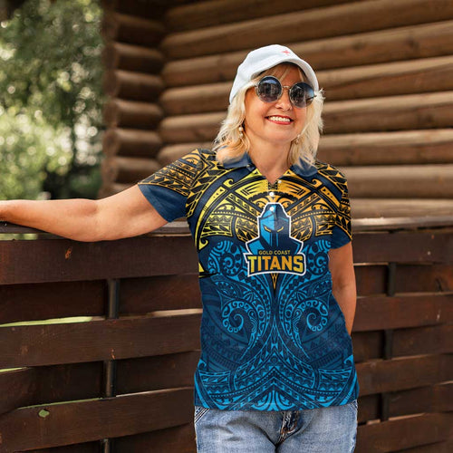 Personalized Gold Coast Titans Women Polo Shirt Polynesian Tribal Pattern Style