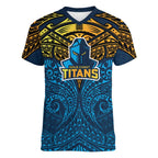 Personalized Gold Coast Titans Women V-Neck T-Shirt Polynesian Tribal Pattern Style