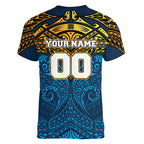 Personalized Gold Coast Titans Women V-Neck T-Shirt Polynesian Tribal Pattern Style