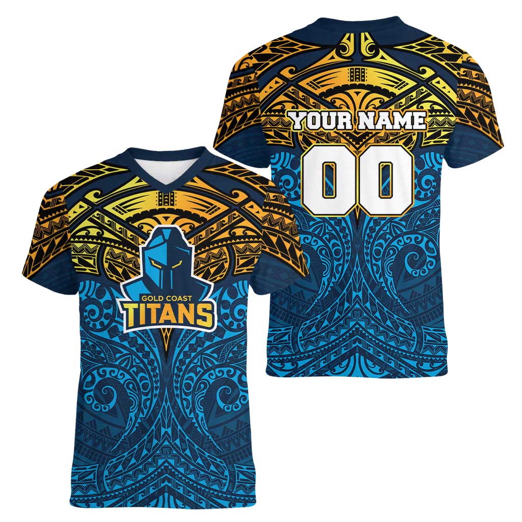 Personalized Gold Coast Titans Women V-Neck T-Shirt Polynesian Tribal Pattern Style