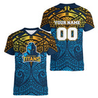 Personalized Gold Coast Titans Women V-Neck T-Shirt Polynesian Tribal Pattern Style