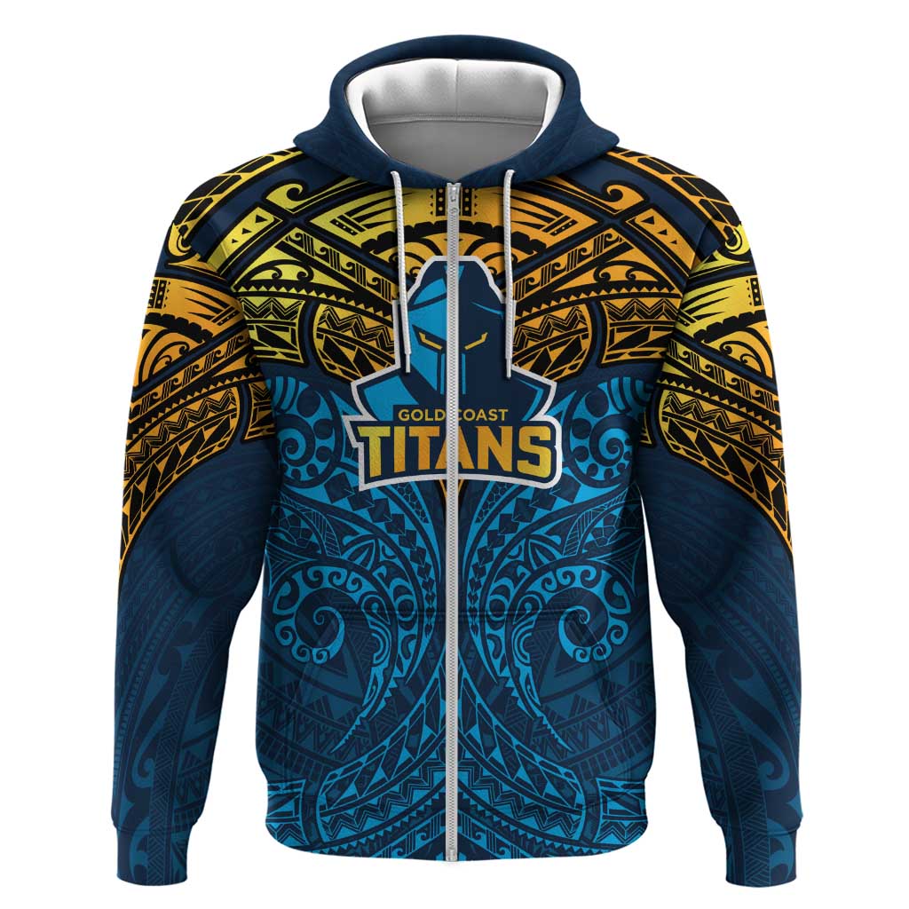 Personalized Gold Coast Titans Zip Hoodie Polynesian Tribal Pattern Style