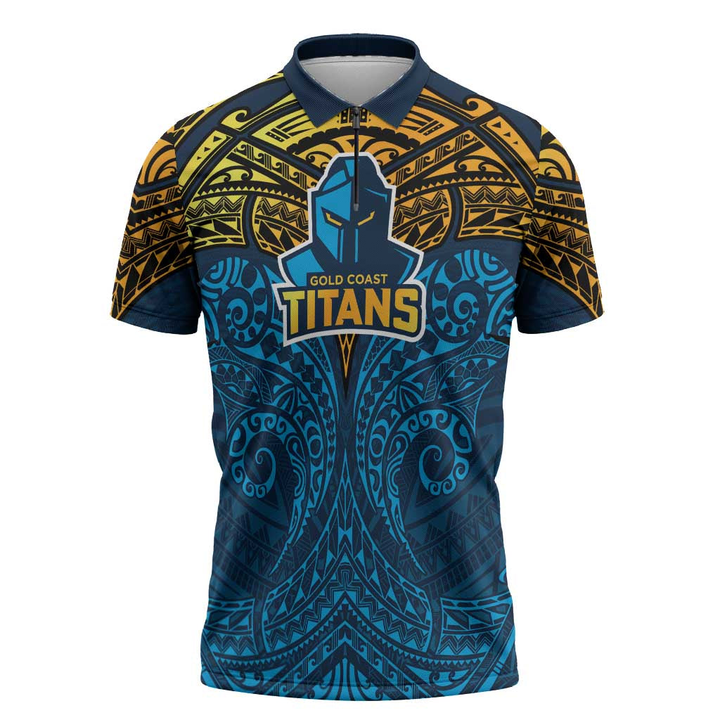 Personalized Gold Coast Titans Zipper Polo Shirt Polynesian Tribal Pattern Style