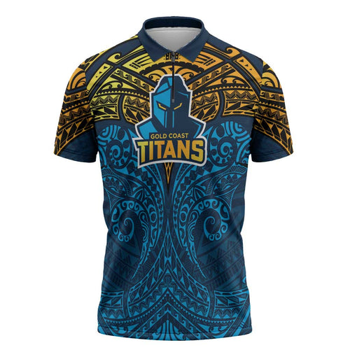 Personalized Gold Coast Titans Zipper Polo Shirt Polynesian Tribal Pattern Style