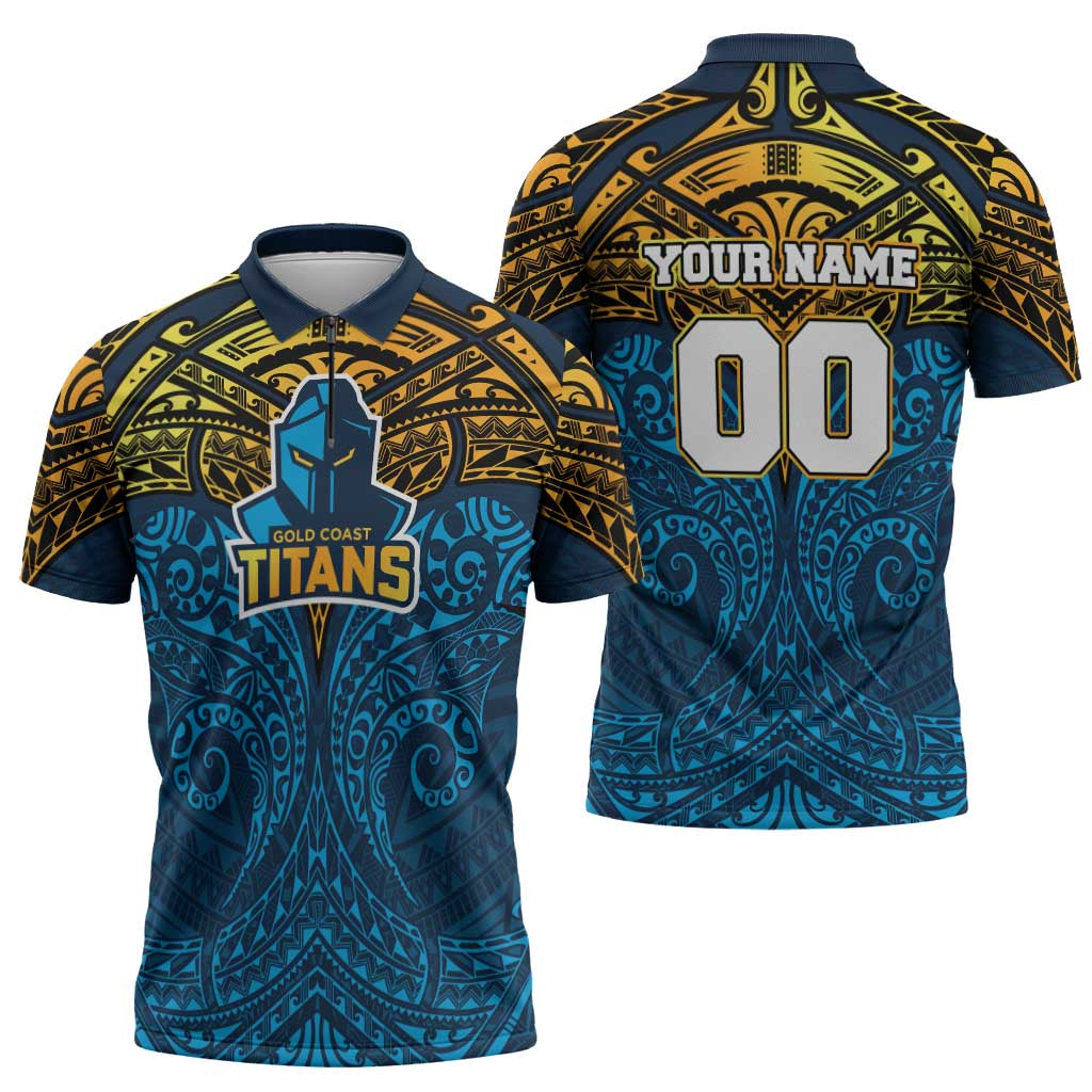 Personalized Gold Coast Titans Zipper Polo Shirt Polynesian Tribal Pattern Style