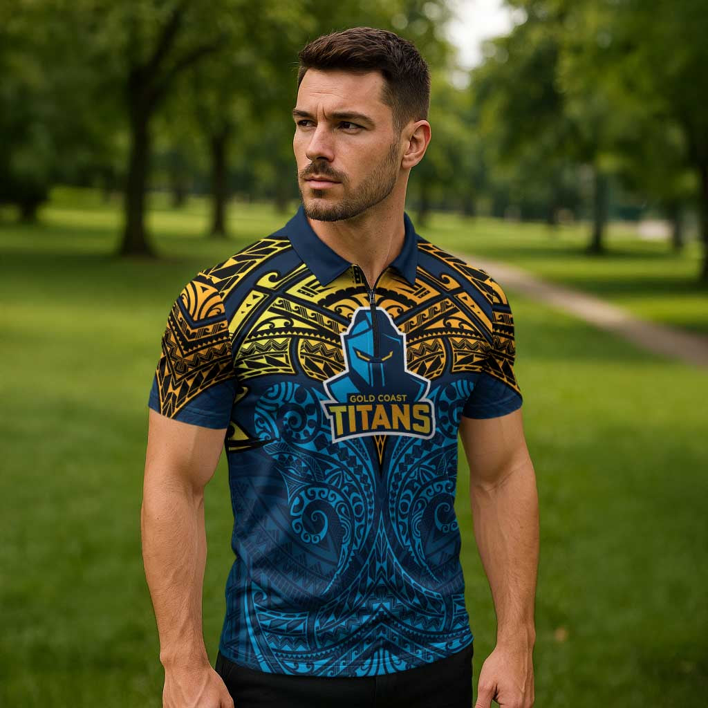 Personalized Gold Coast Titans Zipper Polo Shirt Polynesian Tribal Pattern Style