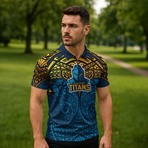 Personalized Gold Coast Titans Zipper Polo Shirt Polynesian Tribal Pattern Style