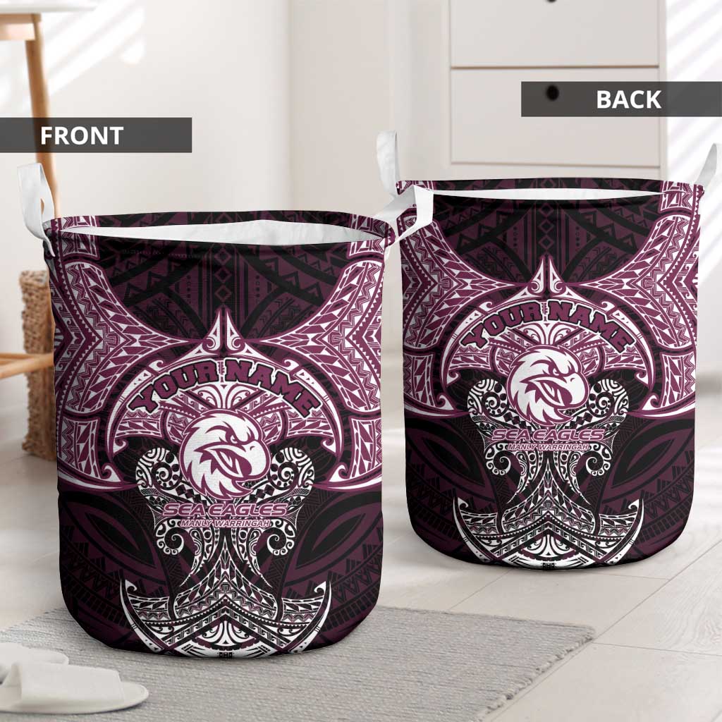 Personalized Manly Warringah Sea Eagles Laundry Basket Polynesian Tribal Pattern Style