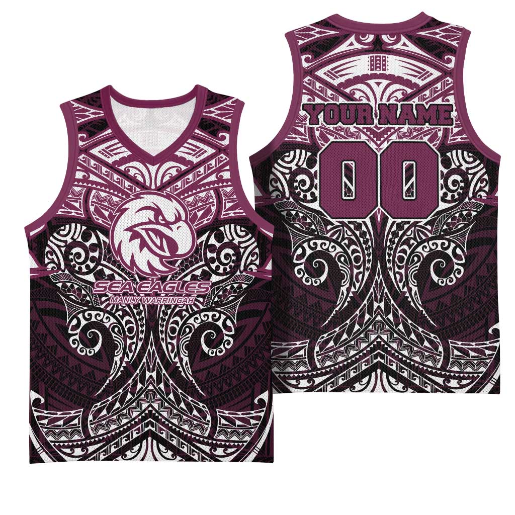Personalized Manly Warringah Sea Eagles Basketball Jersey Polynesian Tribal Pattern Style