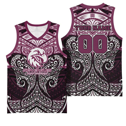 Personalized Manly Warringah Sea Eagles Basketball Jersey Polynesian Tribal Pattern Style