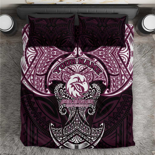 Personalized Manly Warringah Sea Eagles Bedding Set Polynesian Tribal Pattern Style