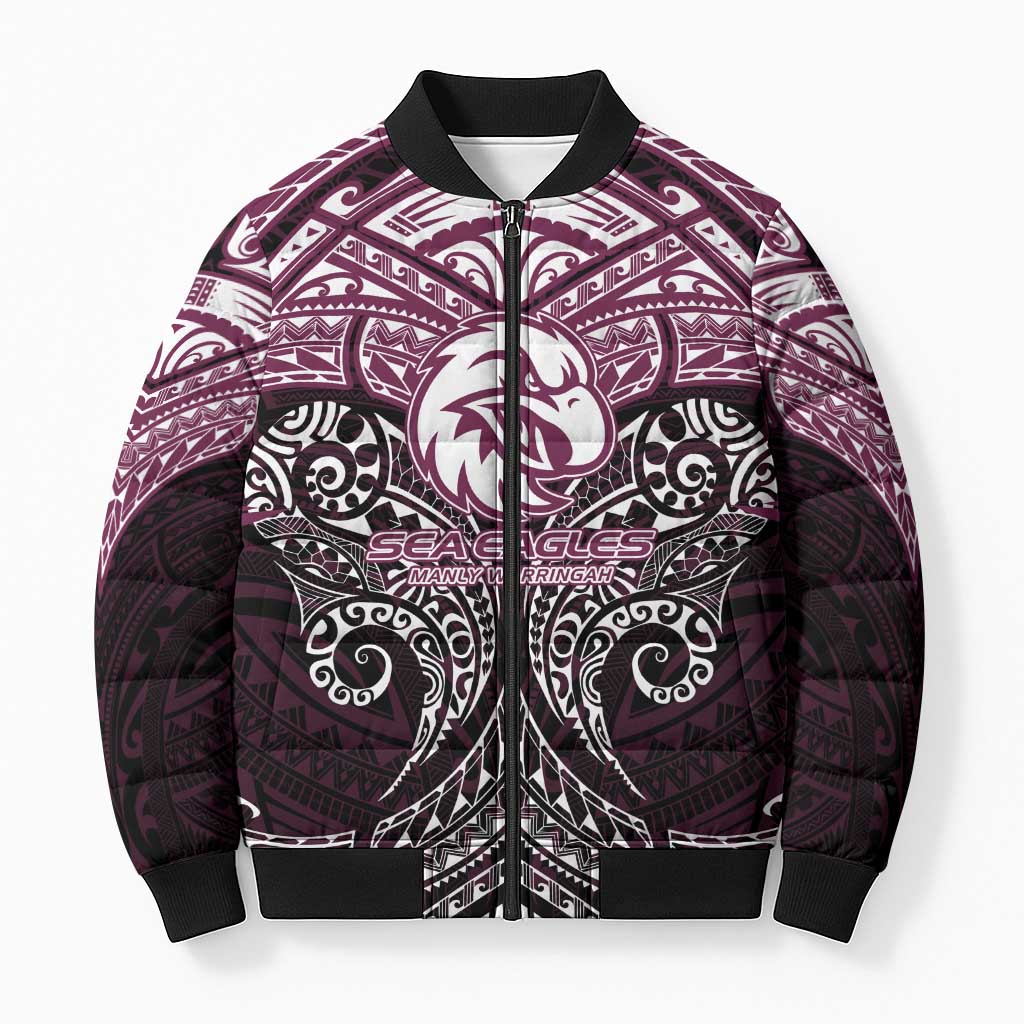 Personalized Manly Warringah Sea Eagles Bomber Puffer Jacket Polynesian Tribal Pattern Style