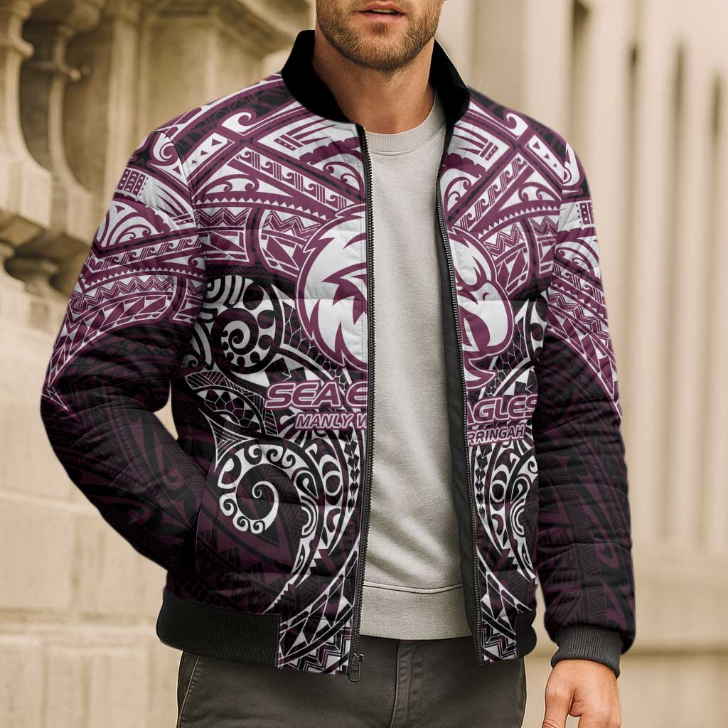 Personalized Manly Warringah Sea Eagles Bomber Puffer Jacket Polynesian Tribal Pattern Style