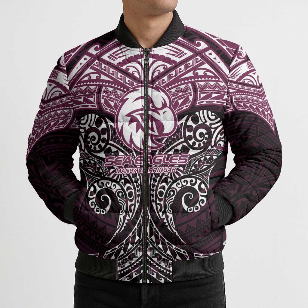 Personalized Manly Warringah Sea Eagles Bomber Puffer Jacket Polynesian Tribal Pattern Style