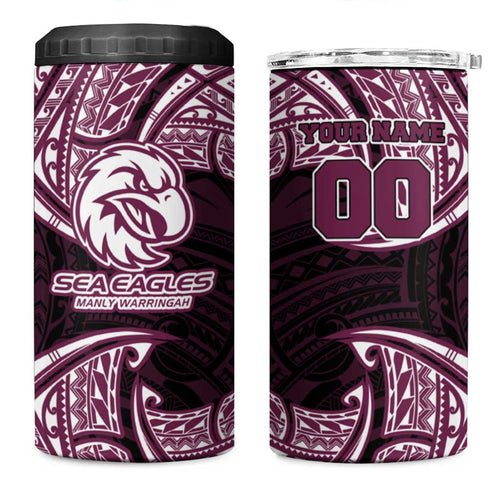 Personalized Manly Warringah Sea Eagles 4 in 1 Can Cooler Tumbler Polynesian Tribal Pattern Style