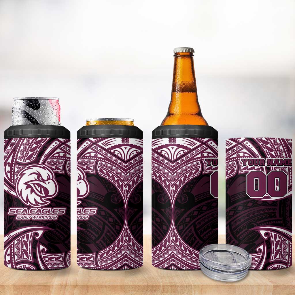 Personalized Manly Warringah Sea Eagles 4 in 1 Can Cooler Tumbler Polynesian Tribal Pattern Style