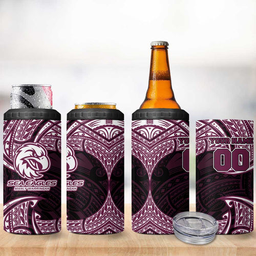 Personalized Manly Warringah Sea Eagles 4 in 1 Can Cooler Tumbler Polynesian Tribal Pattern Style