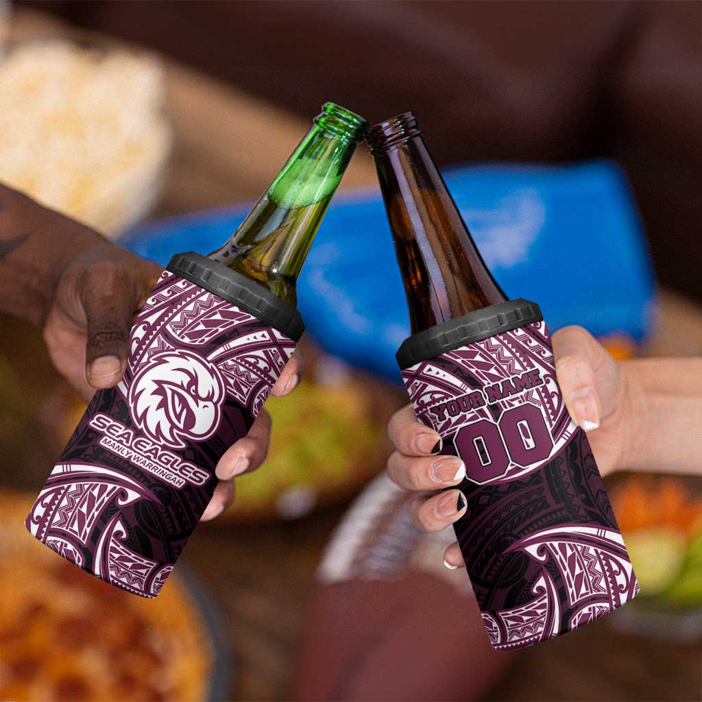 Personalized Manly Warringah Sea Eagles 4 in 1 Can Cooler Tumbler Polynesian Tribal Pattern Style