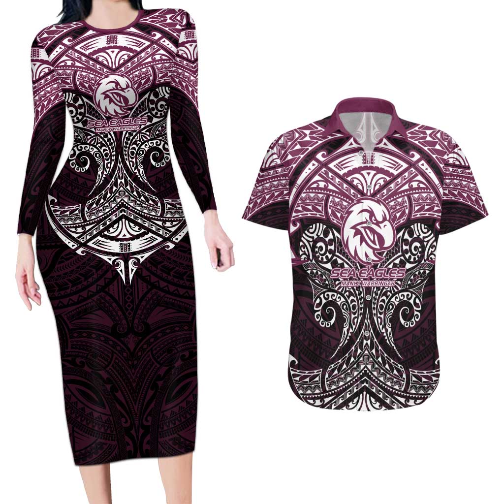Personalized Manly Warringah Sea Eagles Couples Matching Long Sleeve Bodycon Dress and Hawaiian Shirt Polynesian Tribal Pattern Style