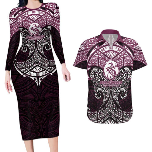 Personalized Manly Warringah Sea Eagles Couples Matching Long Sleeve Bodycon Dress and Hawaiian Shirt Polynesian Tribal Pattern Style