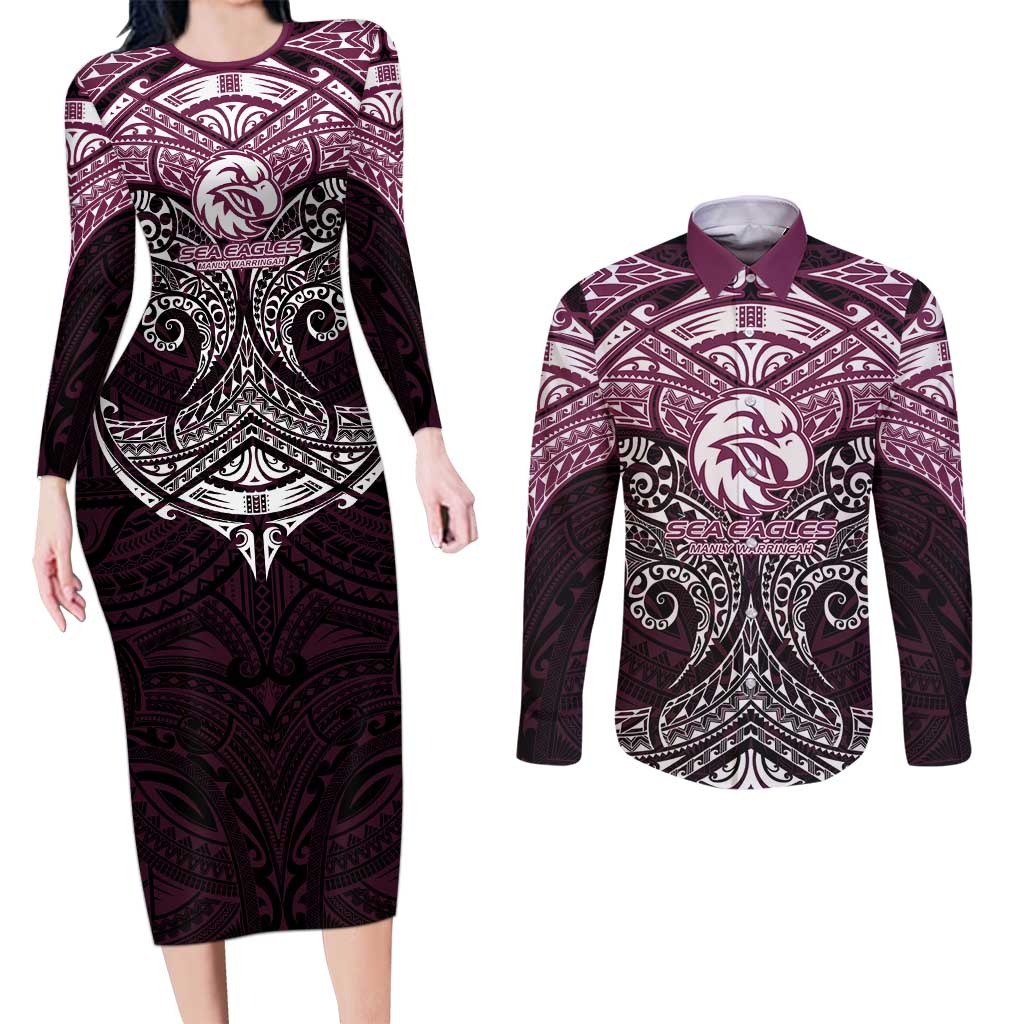 Personalized Manly Warringah Sea Eagles Couples Matching Long Sleeve Bodycon Dress and Long Sleeve Button Shirt Polynesian Tribal Pattern Style