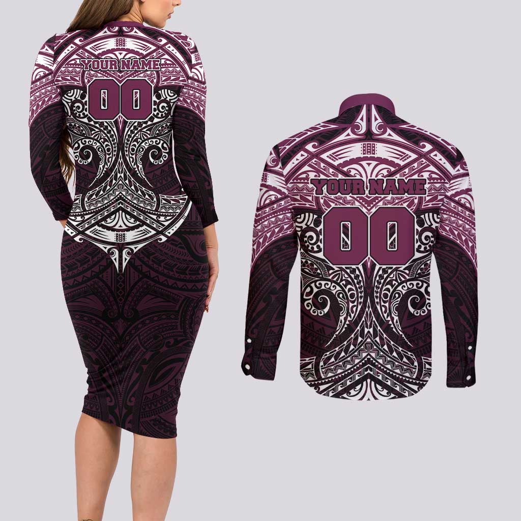 Personalized Manly Warringah Sea Eagles Couples Matching Long Sleeve Bodycon Dress and Long Sleeve Button Shirt Polynesian Tribal Pattern Style