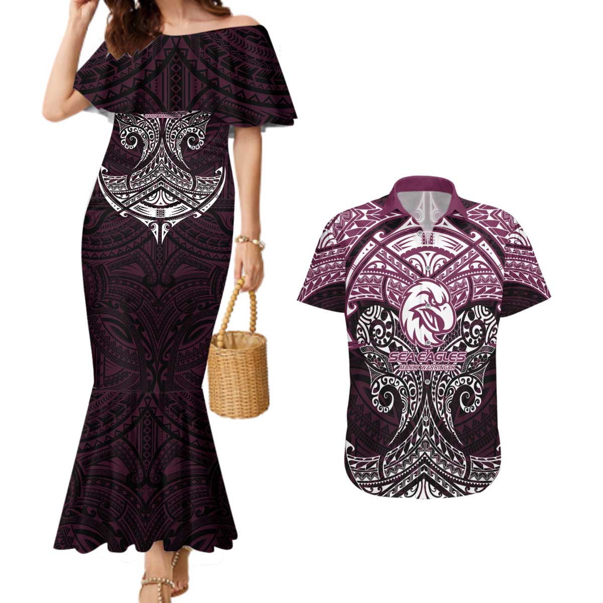Personalized Manly Warringah Sea Eagles Couples Matching Mermaid Dress and Hawaiian Shirt Polynesian Tribal Pattern Style