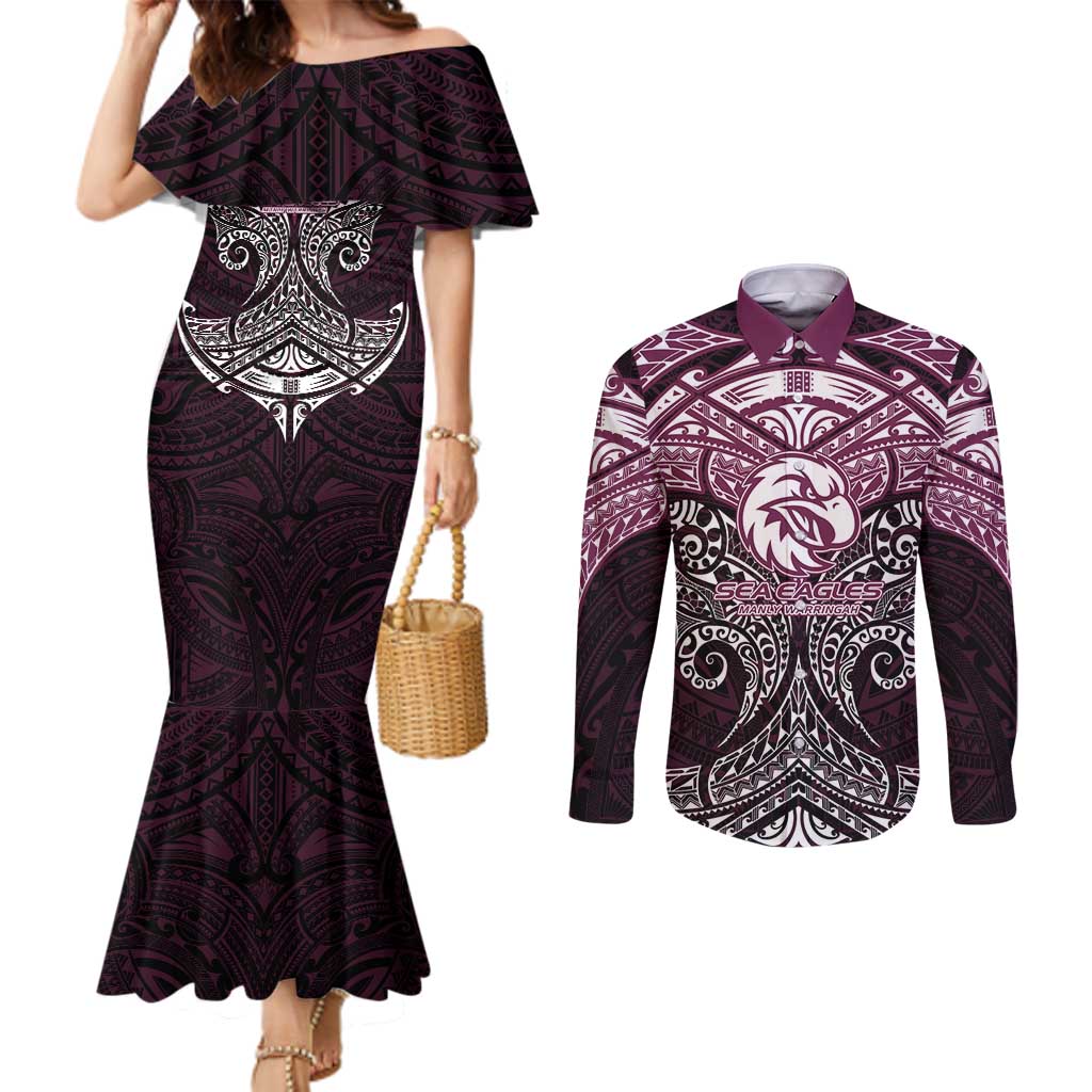 Personalized Manly Warringah Sea Eagles Couples Matching Mermaid Dress and Long Sleeve Button Shirt Polynesian Tribal Pattern Style