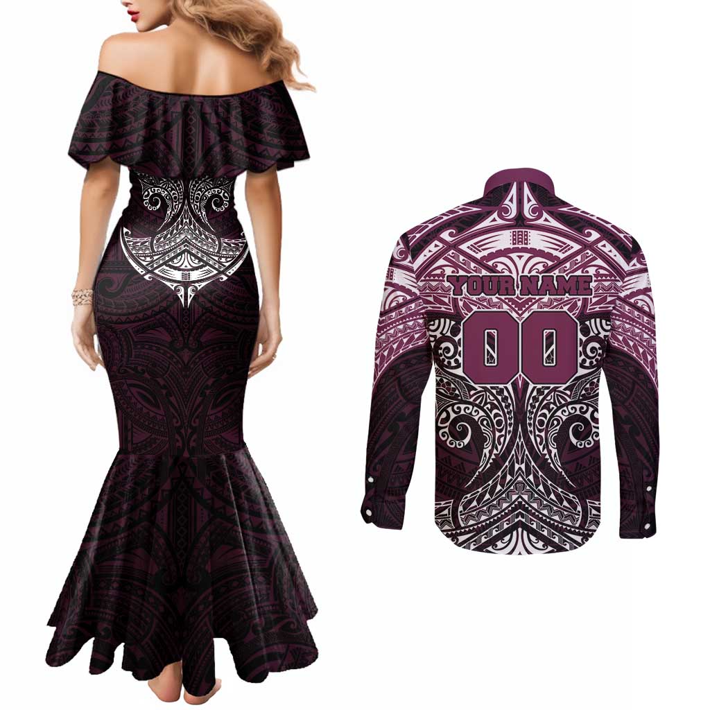 Personalized Manly Warringah Sea Eagles Couples Matching Mermaid Dress and Long Sleeve Button Shirt Polynesian Tribal Pattern Style