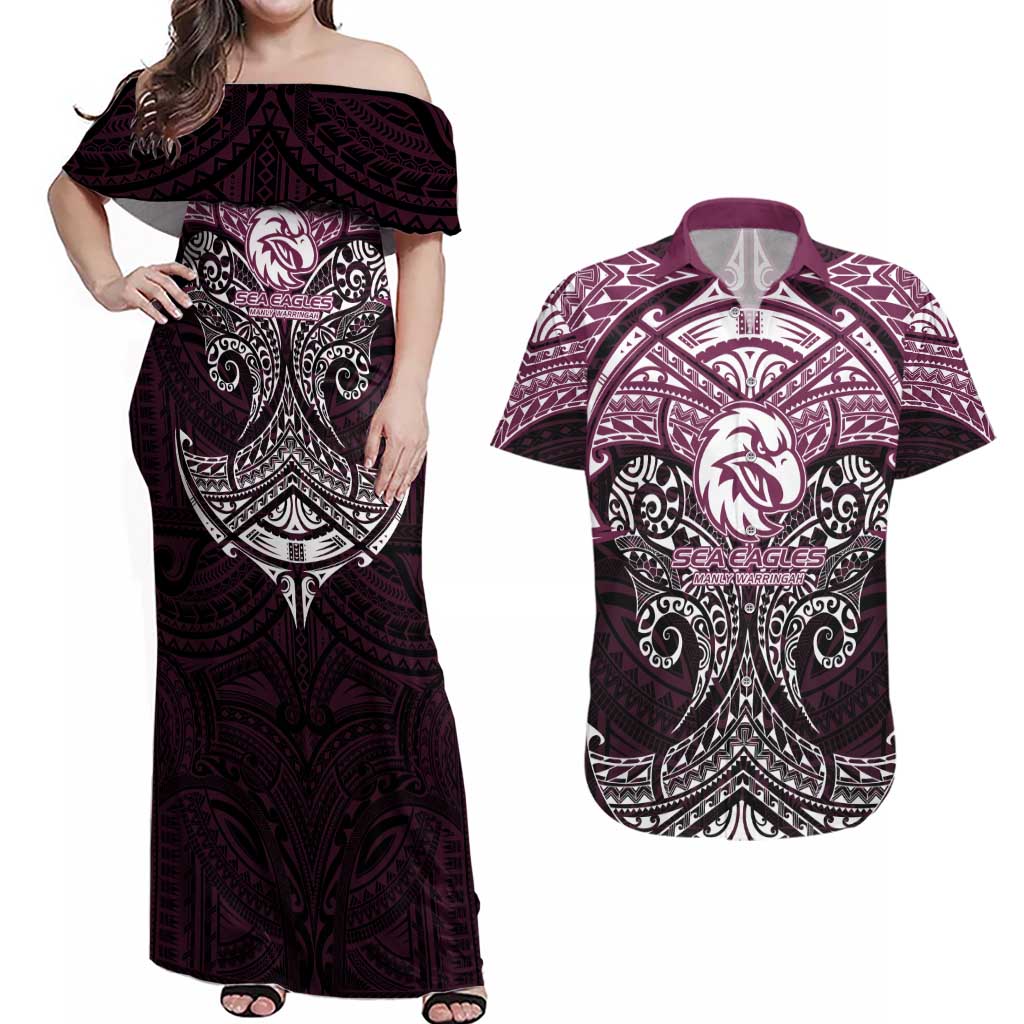 Personalized Manly Warringah Sea Eagles Couples Matching Off Shoulder Maxi Dress and Hawaiian Shirt Polynesian Tribal Pattern Style