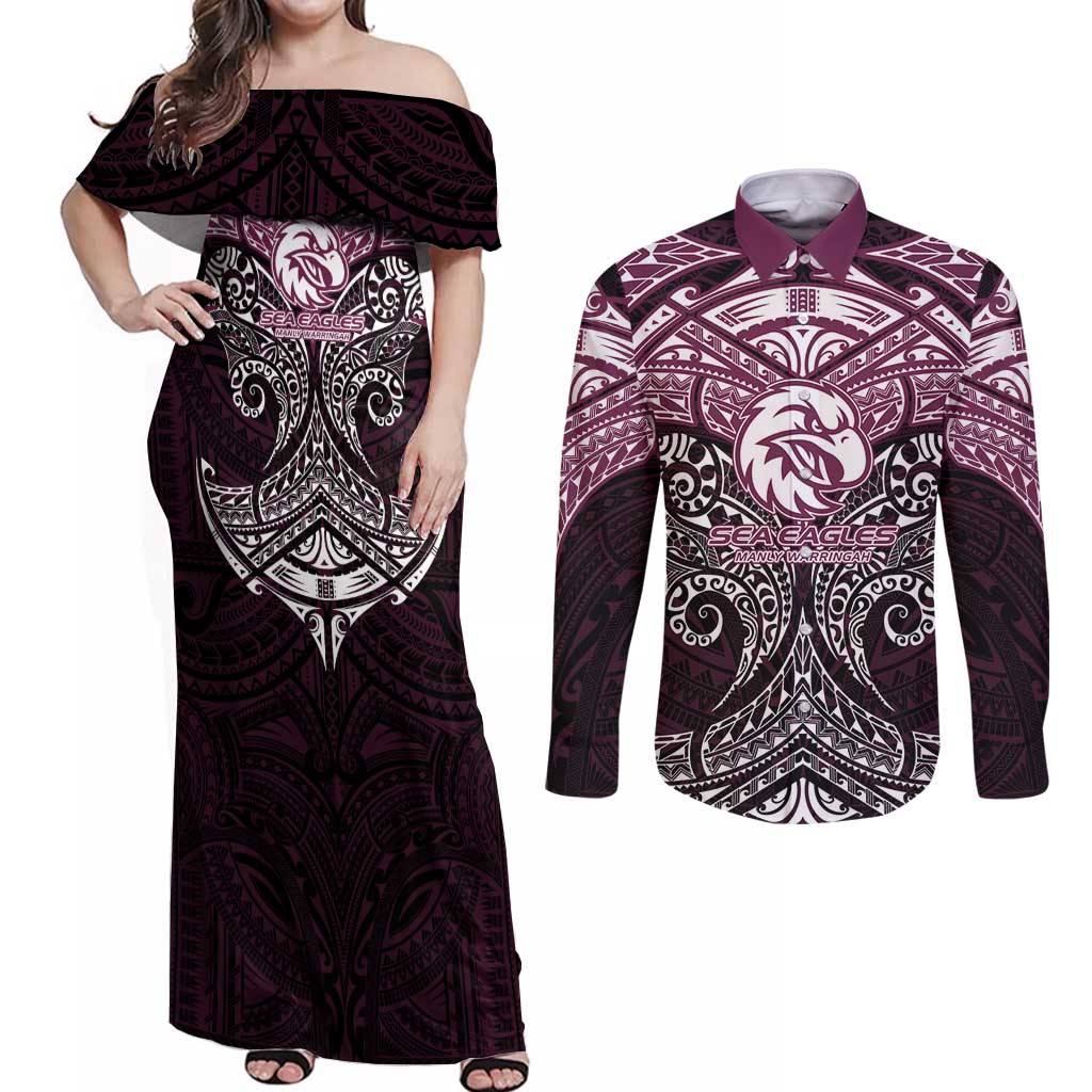 Personalized Manly Warringah Sea Eagles Couples Matching Off Shoulder Maxi Dress and Long Sleeve Button Shirt Polynesian Tribal Pattern Style