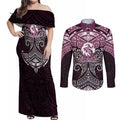 Personalized Manly Warringah Sea Eagles Couples Matching Off Shoulder Maxi Dress and Long Sleeve Button Shirt Polynesian Tribal Pattern Style