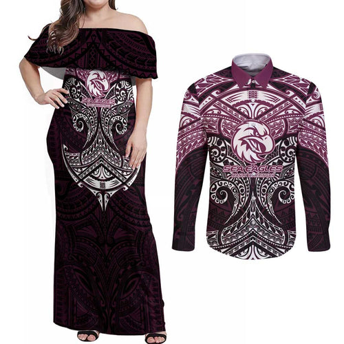 Personalized Manly Warringah Sea Eagles Couples Matching Off Shoulder Maxi Dress and Long Sleeve Button Shirt Polynesian Tribal Pattern Style