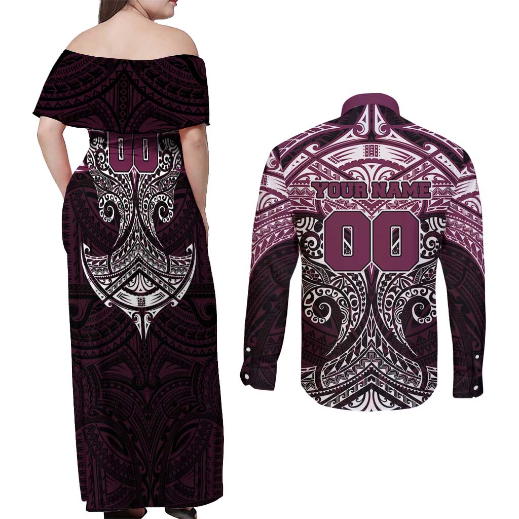 Personalized Manly Warringah Sea Eagles Couples Matching Off Shoulder Maxi Dress and Long Sleeve Button Shirt Polynesian Tribal Pattern Style
