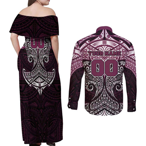 Personalized Manly Warringah Sea Eagles Couples Matching Off Shoulder Maxi Dress and Long Sleeve Button Shirt Polynesian Tribal Pattern Style