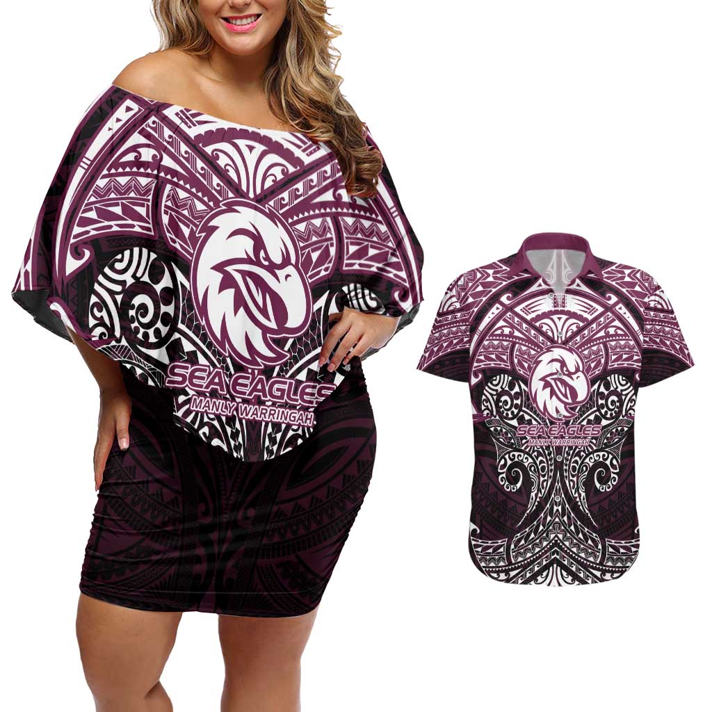 Personalized Manly Warringah Sea Eagles Couples Matching Off Shoulder Short Dress and Hawaiian Shirt Polynesian Tribal Pattern Style
