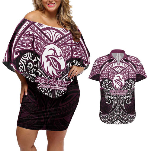 Personalized Manly Warringah Sea Eagles Couples Matching Off Shoulder Short Dress and Hawaiian Shirt Polynesian Tribal Pattern Style