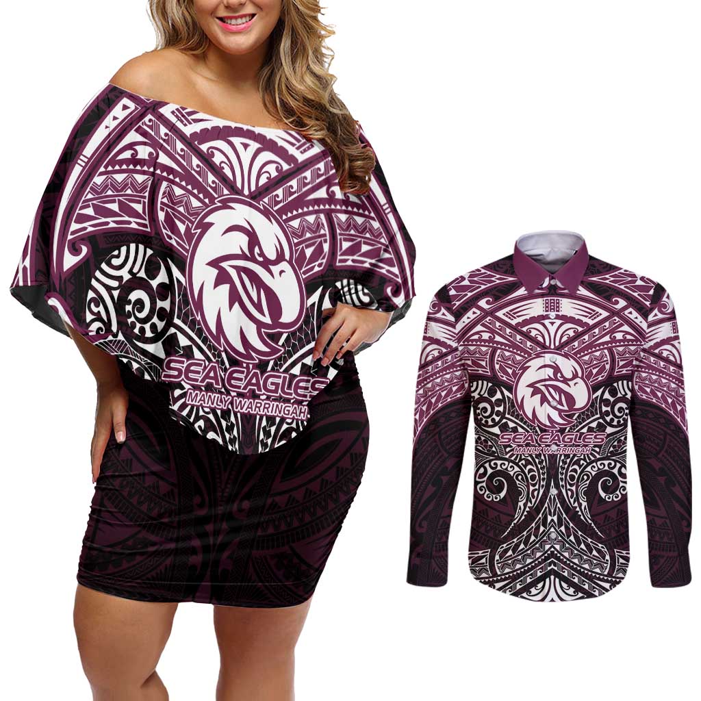 Personalized Manly Warringah Sea Eagles Couples Matching Off Shoulder Short Dress and Long Sleeve Button Shirt Polynesian Tribal Pattern Style