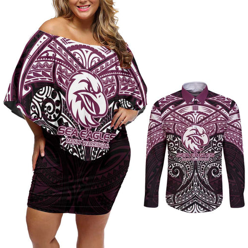 Personalized Manly Warringah Sea Eagles Couples Matching Off Shoulder Short Dress and Long Sleeve Button Shirt Polynesian Tribal Pattern Style