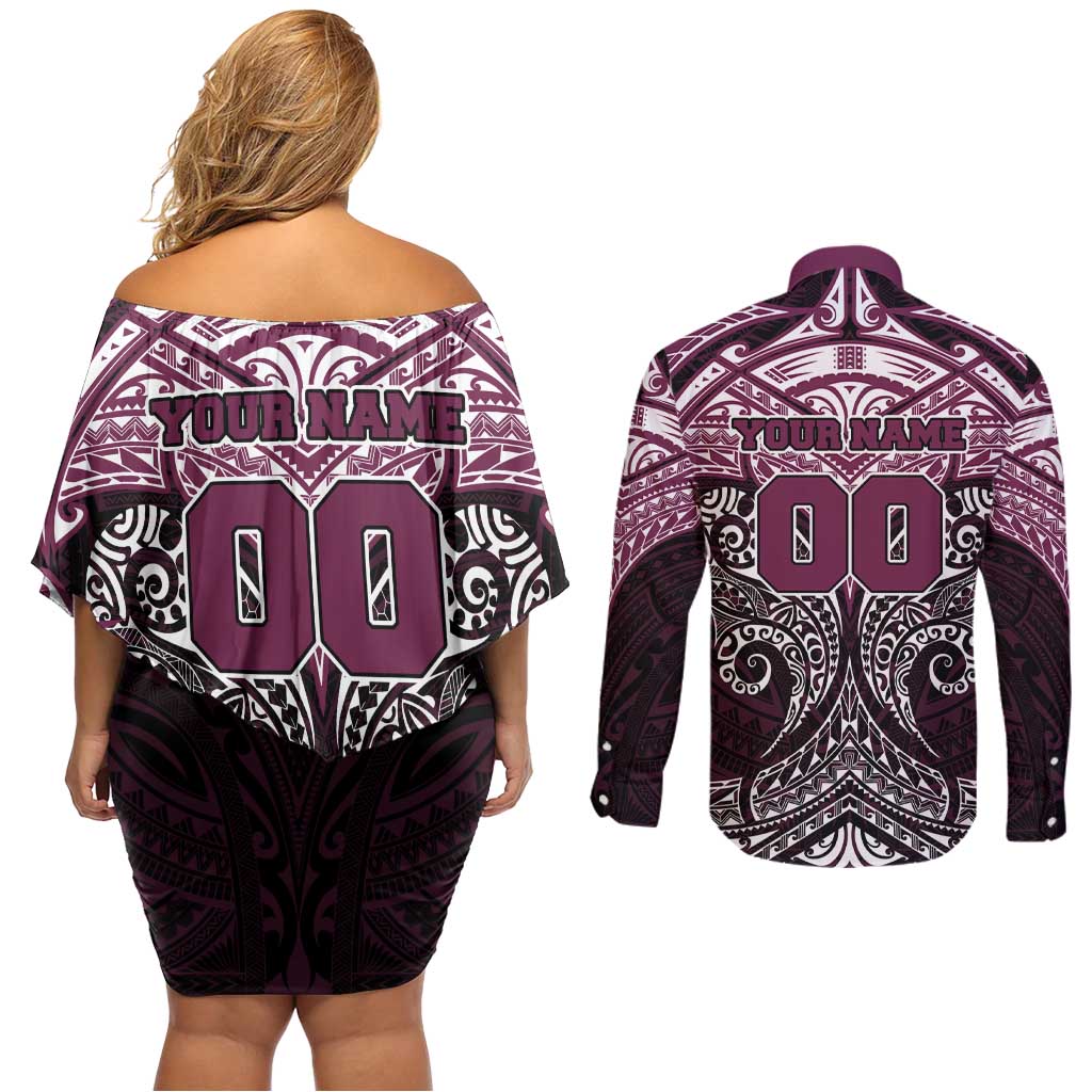 Personalized Manly Warringah Sea Eagles Couples Matching Off Shoulder Short Dress and Long Sleeve Button Shirt Polynesian Tribal Pattern Style