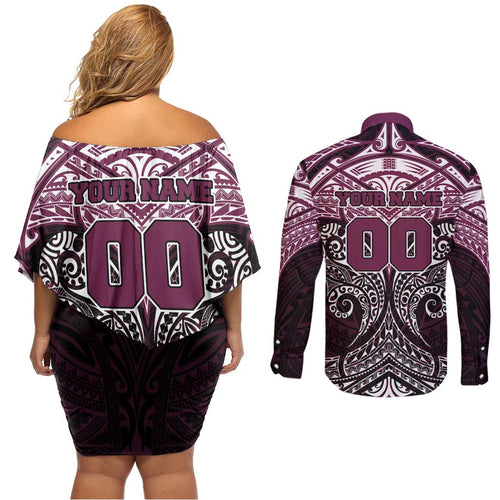 Personalized Manly Warringah Sea Eagles Couples Matching Off Shoulder Short Dress and Long Sleeve Button Shirt Polynesian Tribal Pattern Style