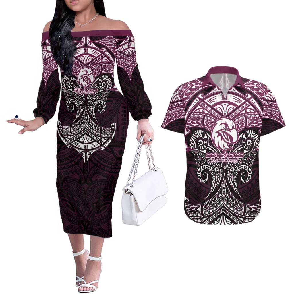 Personalized Manly Warringah Sea Eagles Couples Matching Off The Shoulder Long Sleeve Dress and Hawaiian Shirt Polynesian Tribal Pattern Style