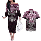 Personalized Manly Warringah Sea Eagles Couples Matching Off The Shoulder Long Sleeve Dress and Hawaiian Shirt Polynesian Tribal Pattern Style
