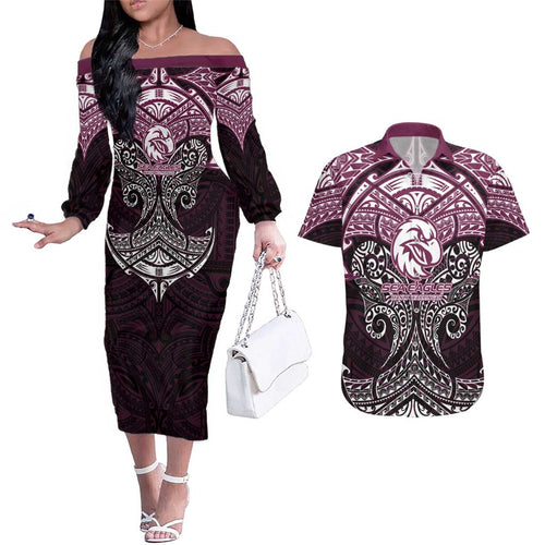 Personalized Manly Warringah Sea Eagles Couples Matching Off The Shoulder Long Sleeve Dress and Hawaiian Shirt Polynesian Tribal Pattern Style