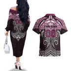 Personalized Manly Warringah Sea Eagles Couples Matching Off The Shoulder Long Sleeve Dress and Hawaiian Shirt Polynesian Tribal Pattern Style