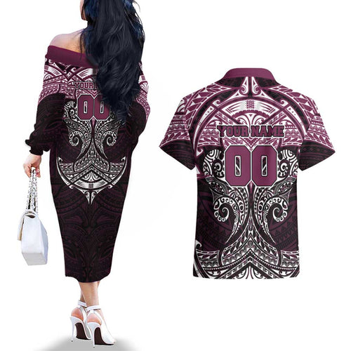 Personalized Manly Warringah Sea Eagles Couples Matching Off The Shoulder Long Sleeve Dress and Hawaiian Shirt Polynesian Tribal Pattern Style