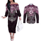 Personalized Manly Warringah Sea Eagles Couples Matching Off The Shoulder Long Sleeve Dress and Long Sleeve Button Shirt Polynesian Tribal Pattern Style